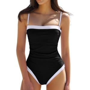 QINSEN Women’s One Piece Swimsuit Color Block Tummy Control Bathing Suit Vintage Square Neck Spaghetti Straps Swimwear(Black)