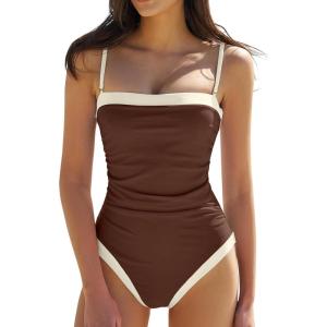 QINSEN Women’s One Piece Swimsuit Color Block Tummy Control Bathing Suit Vintage Square Neck Spaghetti Straps Swimwear(Chestnut)