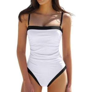QINSEN Women’s One Piece Swimsuit Color Block Tummy Control Bathing Suit Vintage Square Neck Spaghetti Straps Swimwear(White)