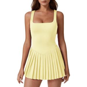 QINSEN Womens Square Neck Tennis Dress Pleated Sleeveless Built in Shorts Golf Athletic Dress with Pockets(Baby Yellow)