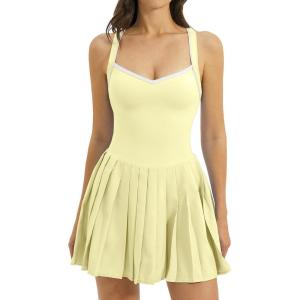 QINSEN Womens V Neck Pleated Tennis Dresses Built in Shorts Cross Back Sleeveless Athletic Dress with Pockets(Yellow)