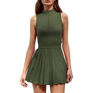 QINSEN Womens Zip Front Tennis Dress High Neck Pleated Sleeveless Two Pieces Golf Athletic Dress with Pockets(Army Green)