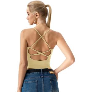 QINSEN Womens Cross Back Tank Top V Neck Double Lined Camisole Top Sleeveless Spaghetti Strap Going Out Tops(Baby Yellow)
