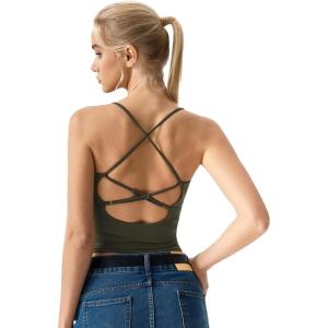 QINSEN Womens Cross Back Tank Top V Neck Double Lined Camisole Top Sleeveless Spaghetti Strap Going Out Tops(Olive Green)