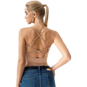 QINSEN Womens Cross Back Tank Top V Neck Double Lined Camisole Top Sleeveless Spaghetti Strap Going Out Tops(Tan)