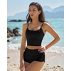 QINSEN Women’s Two Piece Swimsuit Spaghetti Strap Crop Top with High Wasited Boyshort Style Bikini Bottom(All Black)