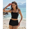 QINSEN Women’s Two Piece Swimsuit Spaghetti Strap Crop Top with High Wasited Boyshort Style Bikini Bottom(All Black)