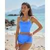 QINSEN Women’s Two Piece Swimsuit Spaghetti Strap Crop Top with High Wasited Boyshort Style Bikini Bottom(Blue)