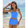 QINSEN Women’s Two Piece Swimsuit Spaghetti Strap Crop Top with High Wasited Boyshort Style Bikini Bottom(Blue)