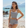 QINSEN Women’s Two Piece Swimsuit Spaghetti Strap Crop Top with High Wasited Boyshort Style Bikini Bottom(Checkerboard Print)