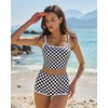 QINSEN Women’s Two Piece Swimsuit Spaghetti Strap Crop Top with High Wasited Boyshort Style Bikini Bottom(Checkerboard Print)
