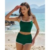 QINSEN Women’s Two Piece Swimsuit Spaghetti Strap Crop Top with High Wasited Boyshort Style Bikini Bottom(Green)