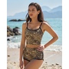 QINSEN Women’s Two Piece Swimsuit Spaghetti Strap Crop Top with High Wasited Boyshort Style Bikini Bottom(Leopard Print)