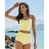 QINSEN Women’s Two Piece Swimsuit Spaghetti Strap Crop Top with High Wasited Boyshort Style Bikini Bottom(Light Yellow)