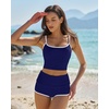 QINSEN Women’s Two Piece Swimsuit Spaghetti Strap Crop Top with High Wasited Boyshort Style Bikini Bottom(Navy Blue)