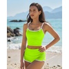 QINSEN Women’s Two Piece Swimsuit Spaghetti Strap Crop Top with High Wasited Boyshort Style Bikini Bottom(Neon Green)