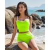 QINSEN Women’s Two Piece Swimsuit Spaghetti Strap Crop Top with High Wasited Boyshort Style Bikini Bottom(Neon Green)