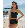 QINSEN Women’s Two Piece Swimsuit Spaghetti Strap Crop Top with High Wasited Boyshort Style Bikini Bottom(Rainbow Black)