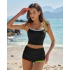 QINSEN Women’s Two Piece Swimsuit Spaghetti Strap Crop Top with High Wasited Boyshort Style Bikini Bottom(Rainbow Black)