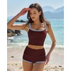 QINSEN Women’s Two Piece Swimsuit Spaghetti Strap Crop Top with High Wasited Boyshort Style Bikini Bottom(Wine)
