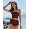 QINSEN Women’s Two Piece Swimsuit Spaghetti Strap Crop Top with High Wasited Boyshort Style Bikini Bottom(Wine)