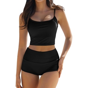 QINSEN Women’s Two Piece Swimsuit Spaghetti Strap Crop Top with High Wasited Boyshort Style Bikini Bottom(All Black)