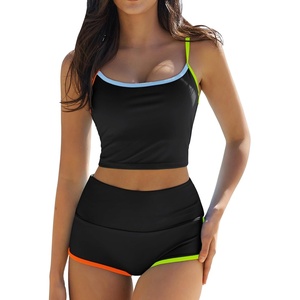QINSEN Women’s Two Piece Swimsuit Spaghetti Strap Crop Top with High Wasited Boyshort Style Bikini Bottom(Rainbow Black)