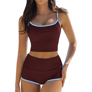 QINSEN Women’s Two Piece Swimsuit Spaghetti Strap Crop Top with High Wasited Boyshort Style Bikini Bottom(Wine)