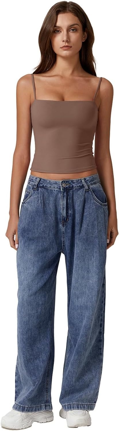 image:imageQINSEN Womens Double Lined Basic Tank Top Adjustable Spaghetti Straps Sleeveless Camisole ShirtsCacao Nibs