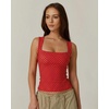 QINSEN Women’s Square Neck Sleeveless Double-Layer Tank Tops Basic Tight T Shirts(Red Polk Dots)