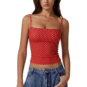 QINSEN Women’s Double Lined Basic Tank Top Adjustable Spaghetti Straps Sleeveless Camisole Shirts(Red With White Dots)