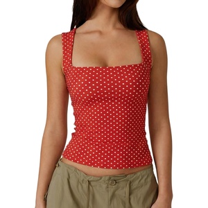 QINSEN Women’s Square Neck Sleeveless Double-Layer Tank Tops Basic Tight T Shirts(Red Polk Dots)