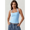 QINSEN Women’s Backless Halter Tank Top Button Closure Square Neck Double Line Casual Daily Top Going Out Cami(Airy Blue)
