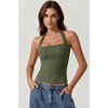 QINSEN Women’s Backless Halter Tank Top Button Closure Square Neck Double Line Casual Daily Top Going Out Cami(Army Green)