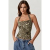 QINSEN Women’s Backless Halter Tank Top Button Closure Square Neck Double Line Casual Daily Top Going Out Cami(Leopard Print)