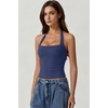 QINSEN Women’s Backless Halter Tank Top Button Closure Square Neck Double Line Casual Daily Top Going Out Cami(Navy)