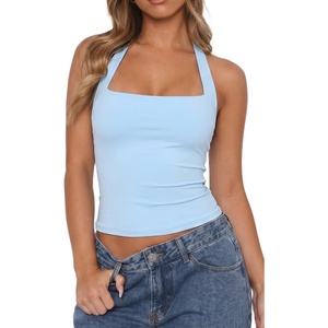 QINSEN Women’s Backless Halter Tank Top Button Closure Square Neck Double Line Casual Daily Top Going Out Cami(Airy Blue)