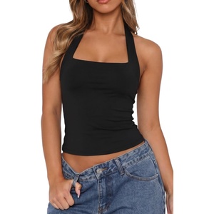 QINSEN Women’s Backless Halter Tank Top Button Closure Square Neck Double Line Casual Daily Top Going Out Cami(Black)