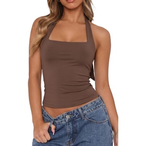 QINSEN Women’s Backless Halter Tank Top Button Closure Square Neck Double Line Casual Daily Top Going Out Cami(Chestnut)