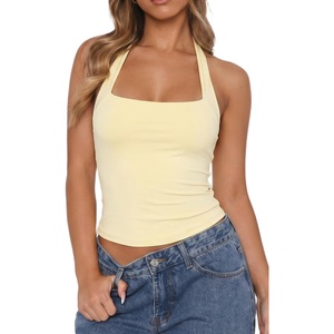 QINSEN Women’s Backless Halter Tank Top Button Closure Square Neck Double Line Casual Daily Top Going Out Cami(Light Yellow)