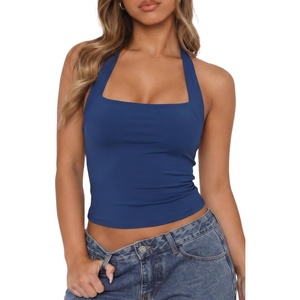 QINSEN Women’s Backless Halter Tank Top Button Closure Square Neck Double Line Casual Daily Top Going Out Cami(Navy)