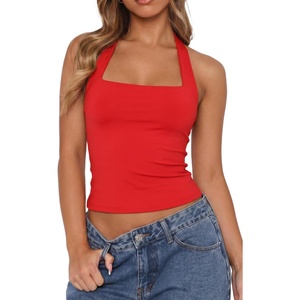 QINSEN Women’s Backless Halter Tank Top Button Closure Square Neck Double Line Casual Daily Top Going Out Cami(Red)