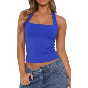QINSEN Women’s Backless Halter Tank Top Button Closure Square Neck Double Line Casual Daily Top Going Out Cami(Sapphire)