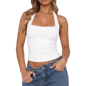 QINSEN Women’s Backless Halter Tank Top Button Closure Square Neck Double Line Casual Daily Top Going Out Cami(White)