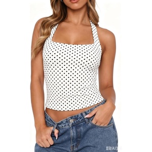 QINSEN Women’s Backless Halter Tank Top Button Closure Square Neck Double Line Casual Daily Top Going Out Cami(White With Black Pots)