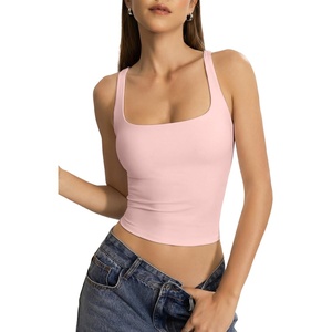 QINSEN Womens Tank Tops with Built in Bras Square Neck Double Lined Basic Sleeveless Workout Tops(Pink)