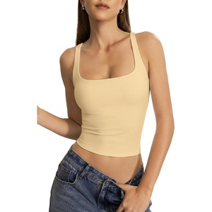 QINSEN Womens Tank Tops with Built in Bras Square Neck Double Lined Basic Sleeveless Workout Tops(Tan)