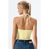 QINSEN Self Tie Halter Neck Basic Shirts for Womens Double Lined Slimming Fit Going Out Sleeveless Tops(Light Yellow)