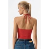 QINSEN Self Tie Halter Neck Basic Shirts for Womens Double Lined Slimming Fit Going Out Sleeveless Tops(Red With White Dots)