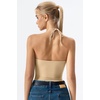 QINSEN Self Tie Halter Neck Basic Shirts for Womens Double Lined Slimming Fit Going Out Sleeveless Tops(Tan)